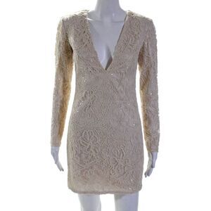 sho Womens Textured Floral Deep V Neck Back Zipped Closure Dress Beige Size 4